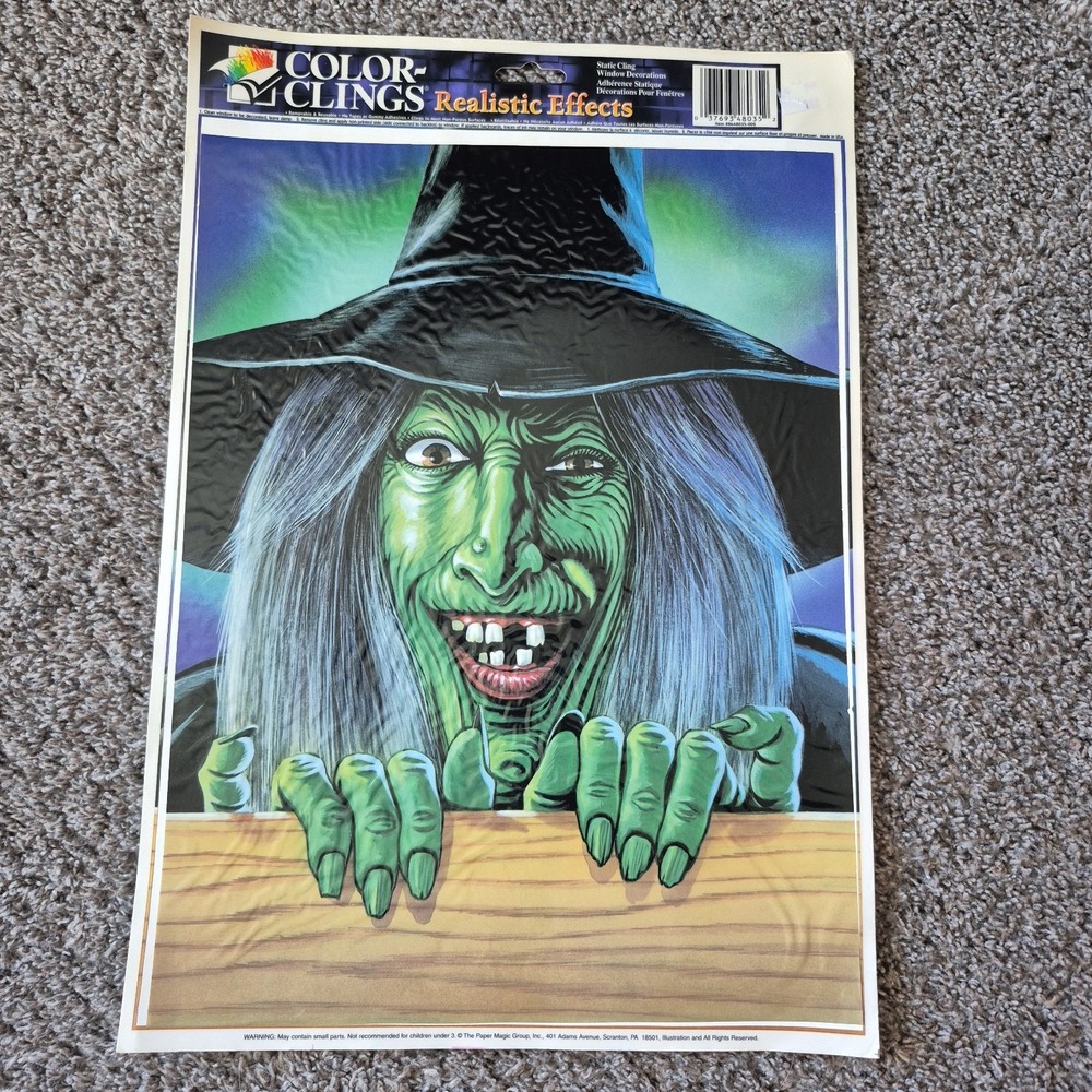 Vintage Color Clings Realistic Effects Green Witch Black Hat Halloween Creepy